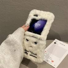 个性化刺绣趣味生气表情毛绒折叠手机壳，兼容三星 Galaxy Z Flip3 5G/Galaxy Z Flip 4 5G/Galaxy Z Flip 5 5G/Galaxy Z Flip 6 5G/Galaxy Z Flip 7 5G，温暖舒适的卡通折叠手机壳，时尚毛绒手机壳 - 白色 - 查看 3