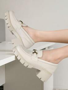 Women's Loafers Platform Chunky Loafers 2.17-Inch Heel Pumps Slip On Casual Commute Versatile Leather Shoes - Beige - View 3