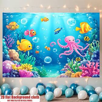 Livfull blå undervattensvärld i polyester, väggmålning med korallrev och tropiska fiskar, lämplig för marint temafestdekoration, en mängd olika storlekar att välja mellan.