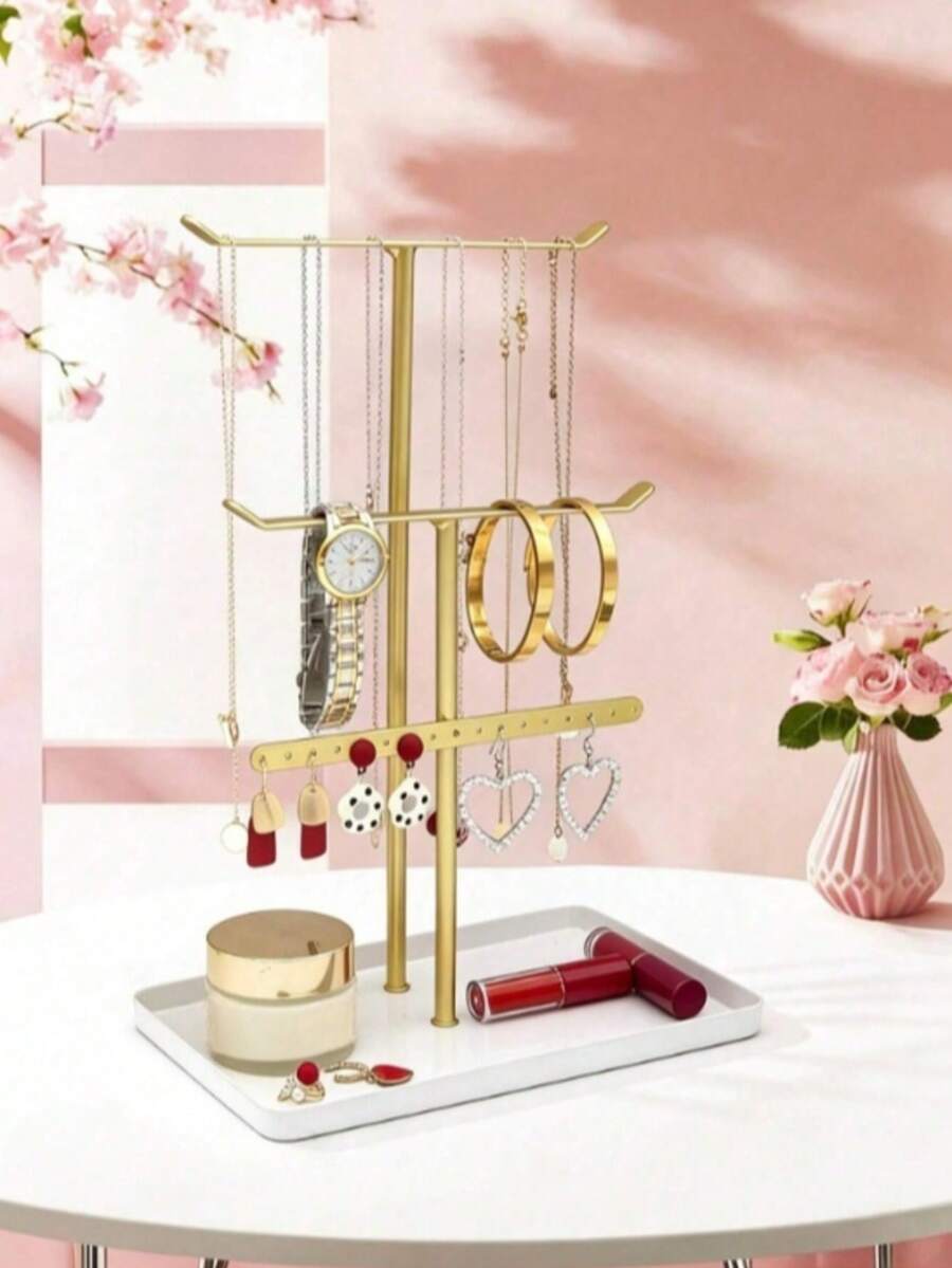 1 Elegant Jewelry Display Stand-2/3/4-Tier T-Shaped Jewelry Stand, Earring, Necklace, And Ring Storage Rack, European Style Jewelry Display Stand-Stylish Gold And White Finishes - Multicolor - View 1