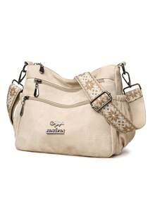 Bolso bandolera de mujer de unicolor con múltiples bolsillos, mochila de tela suave para mediana edad, nuevo estilo de primavera/otoño con decoración metálica, bolso de hombro sencillo - Blanco - Ver 6