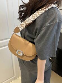 Litchi Grain Flap Half-Circle Crossbody Bag, Suitable For Shopping, Wallet, Shopping, Young Women, College Students, Newbies, White-Collar. Suitable For Office, University, Work, Business, Commuting, Outdoor Activities, Travel And Outings - Khaki - View 12