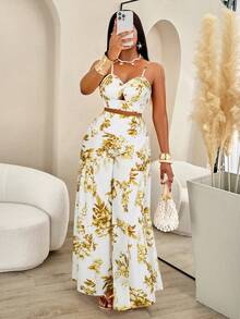 AIJ 2 piezas Conjunto de top de tirantes retorcido y pantalones anchos plisados de verano para mujer - Flores amarillas sobre fondo blanco - Ver 8
