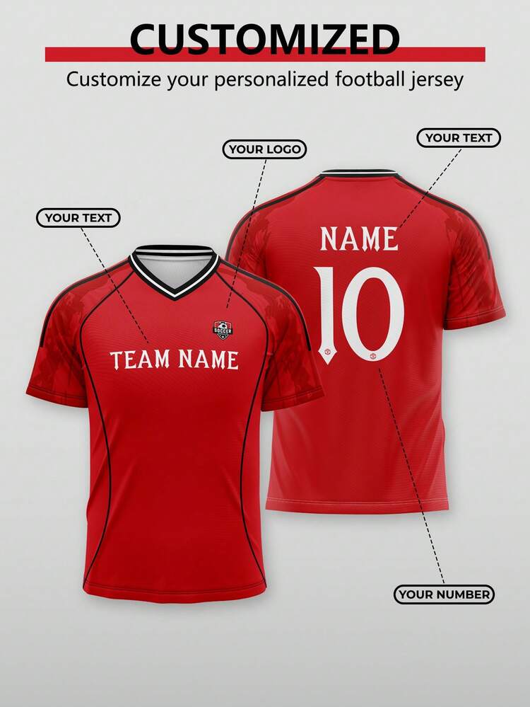 1pc Customized English Football Jersey, Red And White Color. Customizable Number And Name. Can Be Used As Watching Party Gift, Father's Day Gift Or Celebration T-Shirt. Summer - Red - View 1