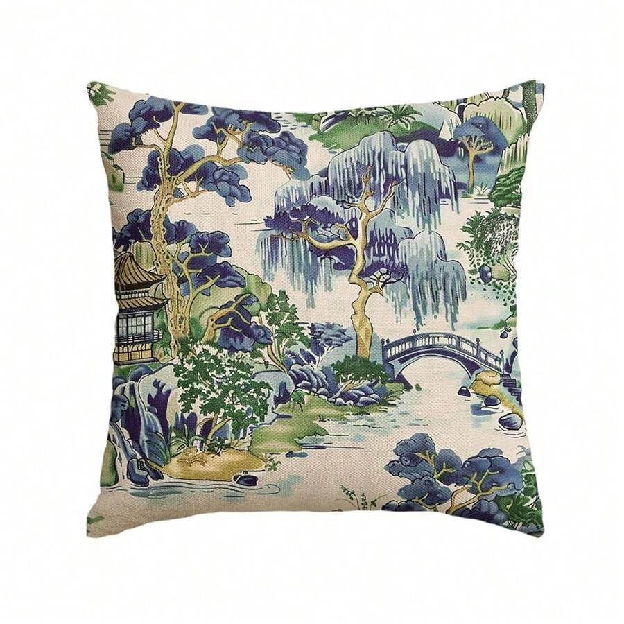 AVOIN Colorlife Chinoiserie Blue Trees House Bridge Grandmillennial Throw Pillow Cover, 18 X 18 Inch Spring Summer Cushion Case Decoration For Sofa Couch Farmhouse - 18吋x18吋(1件裝) - 查看 1