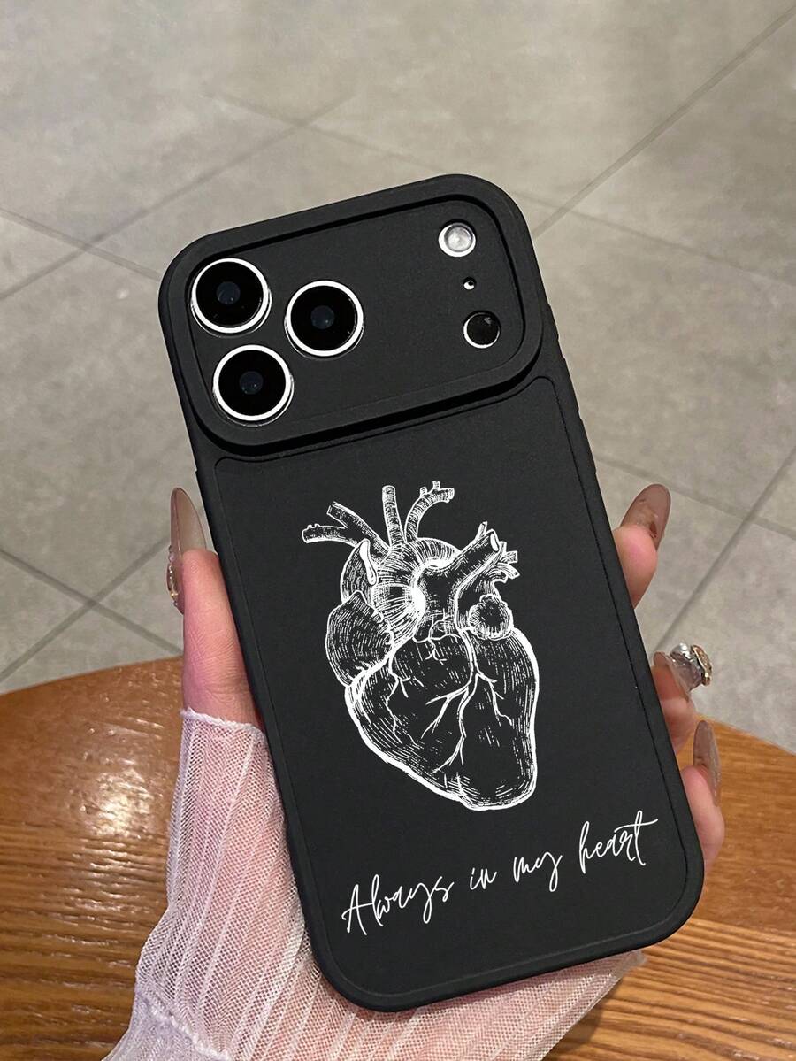 Valentine's Day Gift Anatomical Heart Phone Case, "Always In My Heart" Quote Cover, Dark Romantic Gothic Aesthetic Soft TPU Shockproof Shell, Camera Lens Protection, Compatible With IPhone Case & Galaxy Case - Black - View 1