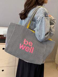 休闲大条纹女士单肩包新款时尚通勤手提包大容量手提包青年 - 黑色 - 查看 2