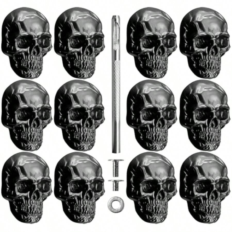 12Pcs Skull Rivets Buttons Skeleton Stud  Pins For Leather Craft, Leather Belts, Shoes, Bags, Fabric DIY (Silver Gray) Local Shipping - Black - View 1