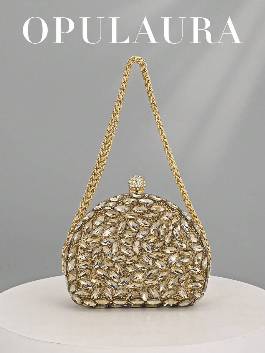 OpulAura 1件装金色闪粉手拿包，闪亮夺目，优雅水晶装饰盒式手拿包，奢华手提包，是派对女孩和女士的完美之选，适用于派对、婚礼、情人节、舞会、晚宴等场合——送给她的最佳礼物。完美搭配派对礼服、正式晚礼服和亮片服装，是婚礼必备配饰，也非常适合毕业典礼和返校节礼服。 - 金色 - 查看 1