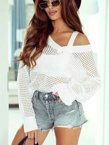 女士白色V领镂空网纱宽松透视性感长袖罩衫 - 白色 - 查看 1