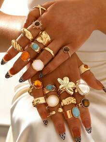 Bộ 21/8/7/6 chiếc nhẫn xếp chồng kiểu Bohemian tối giản cổ điển, tinh tế, mạ vàng, bao gồm các thiết kế hoa, nơ, ngọc trai không đều, xoắn, trái tim, pha lê, mặt trăng, ngôi sao, thánh giá, đá mắt mèo, phù hợp cho nữ giới, các dịp lễ, tiệc tùng, hẹn hò, đeo hàng ngày, làm quà tặng. - Vàng - Xem 5
