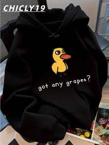 Women Got Any Grapes Funny Yellow Duck Cartoon Graphic Hoodie Oversized Long Sleeve Pullover Black Cute Meme Casual Street Loose Hooded Sweatshirt - 黑色 - 查看 8