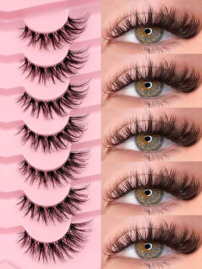  Asiteo 7对蓬松猫眼假睫毛，自然交叉睫毛，透明带仿貂毛睫毛，浓密眼尾，纤长柔软卷翘睫毛