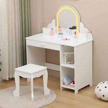 Tocador Infantil 2 en 1 con Espejo Iluminado | Mesa de Maquillaje para Niñas 3-9 Años con Cajón, Estantes y Banco - Color: Blanco (con accesorios) - Ver 4