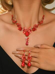 3件套镂空水滴设计新娘女士水晶项链套装，性感珠宝，适合高端晚礼服、派对和商务场合。 - 8023多色 - 查看 12