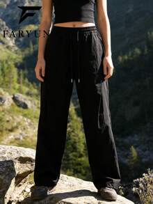 女士户外休闲直筒裤，纯色百搭，防污透气，亲肤长裤 - 黑色 - 查看 3