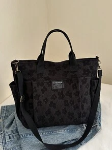 1 chiếc túi tote thời trang bằng polyester họa tiết hoa, dung tích lớn, có khóa kéo, thích hợp sử dụng hàng ngày vào mùa thu/đông. - màu đen - Xem 7