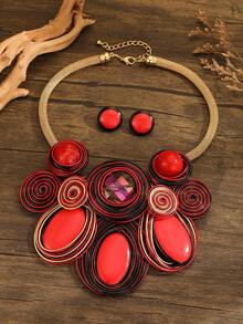 夸张多层手工编织重铝丝树脂链波西米亚欧美中东韩版晚宴派对假日女士时尚精美复古水滴项链耳环 - 紅色 - 查看 8