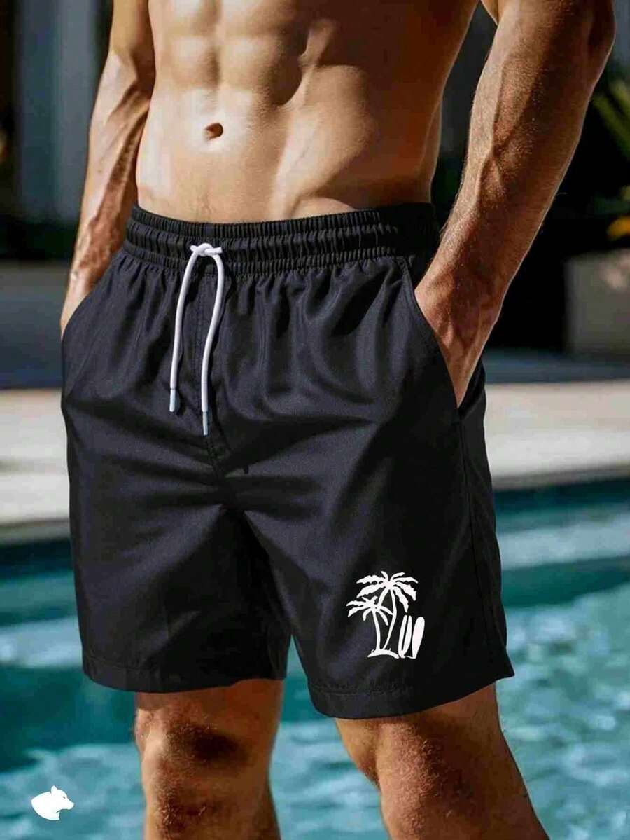 Men's Beach Shorts In Tactel Fabric "Black Coconut Tree" - Summer Shorts - Quick-Drying, Comfortable, Preppy Style - 黑色 - 查看 1