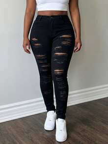 Women's High Waisted Multi-Ripped Skinny Jeans - Heavily Distressed Solid Black Bodycon Denim Pants Aesthetic Streetwear - 黑色 - 查看 1