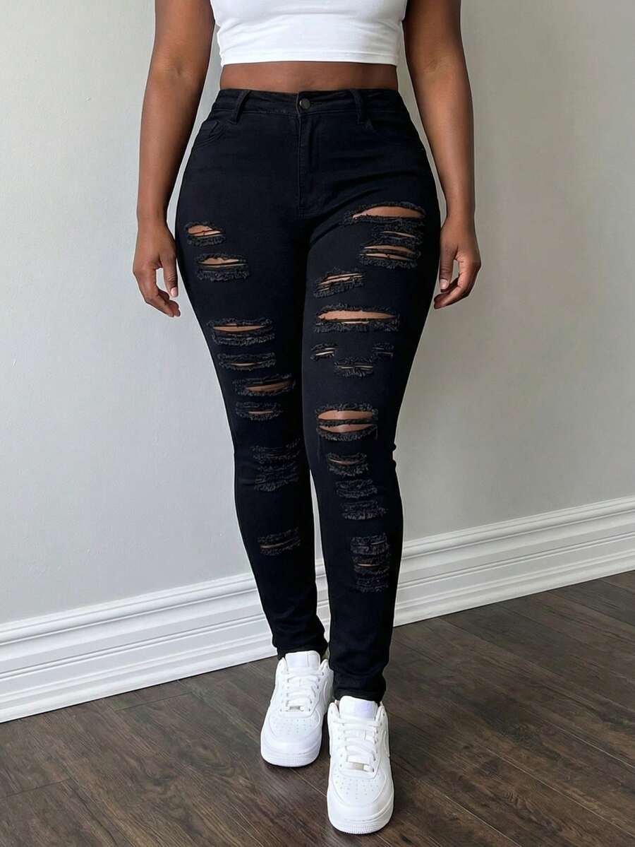 Women's High Waisted Multi-Ripped Skinny Jeans - Heavily Distressed Solid Black Bodycon Denim Pants Aesthetic Streetwear - 黑色 - 查看 1