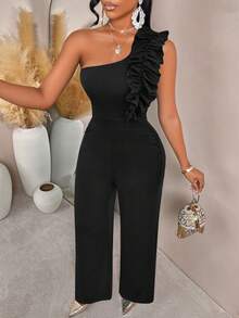 AIJ Amarilo 夏季新款时尚单肩荷叶边弹力连体裤 - 修身上身搭配阔腿裤 - 情人节/外出/鸡尾酒会服装