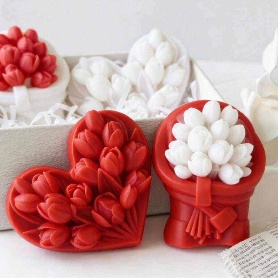 قالب شمع سيليكون بشكل زهرة قلب، قالب صنع يدوي من الجبس لحجر العطر والصابون بشكل زهرة التوليب، قابل لإعادة الاستخدام لباقة الشموع والصابون وأعمال الراتنج والحجر العطري، مناسب لعيد الحب وعيد الأم والأعياد الميلاد والزفاف، مستلزمات حرفية DIY - أبيض - مشاهدة 1