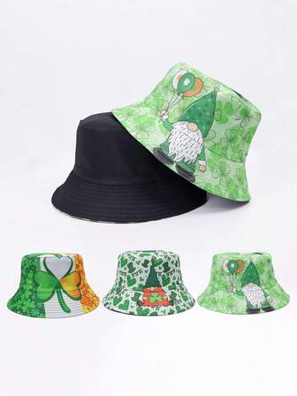 1pc Clover & Flower Print Reversible Polyester Sun Hat, Bohemian Style, UV Protection, Suitable For Spring, Summer, Autumn, St. Patrick's Day, Unisex, Irish Green Lucky Clover Wide Brim Sun Hat