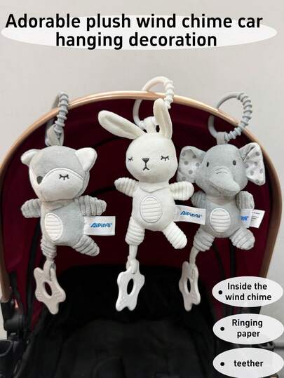 1pc Cute Plush Wind Chime Stroller Hanging Decor, Cartoon Animal Shaped Soothing Doll With Rattle Paper & Bell, Soft Rattle Doll, Suitable As Newborn Baby Gift