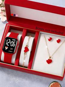 5/4pcs/Set Girls Fashion, Cute, Elegant LED Digital Display Electronic Watch Set, Suitable For Girls, Comes With Heart-Shaped Bracelet, Necklace, Earrings And Jewelry, Perfect For Daily Life, Vacation, Party, Travel, Back To School, Birthday/Holiday Decoration, An Ideal Gift For Girls On New Year And Valentine's Day - Multicolor - View 2