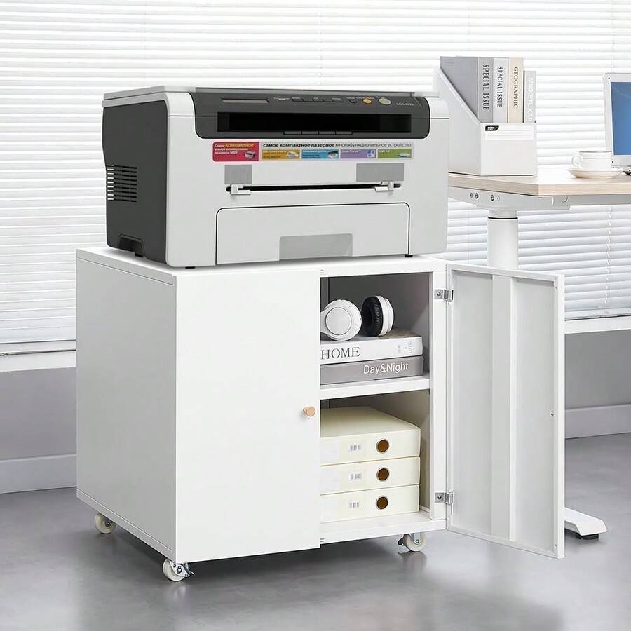Techigher Metal Printer Stand, Printer Cabinet With Storage, Mobile Printer Table With Wheels & 2 Door, Metal File Cabinet For Home Office Small Spaces - White_2 Layer - View 1