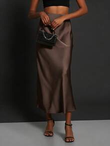 女士纯色简约设计百搭休闲优雅长裙 - 咖啡棕 - 查看 4