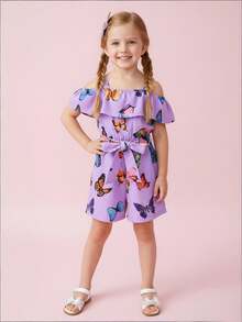 年輕女孩夏季休閒蝴蝶印花連身褲 - 紫色 - 查看 6