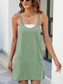 Women's Mini Dress With Built-In Shorts Sleeveless Athletic Tennis Dress Summer Workout Swing Dress - 豆綠色 - 查看 2