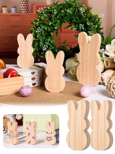 2个未上漆的木制复活节兔子造型桌面摆件，空白木制兔子积木可供DIY涂色，春季家居装饰多层托盘配件