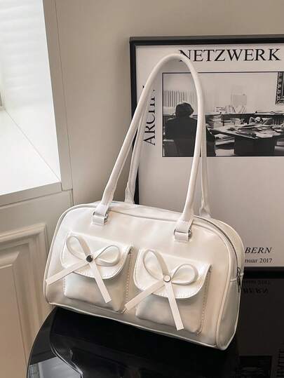 1pc Minimalist Retro Zipper Tote Bag, Decorated With Pockets, Dual Handles, Suitable For Women's Casual And Commuting Daily Use