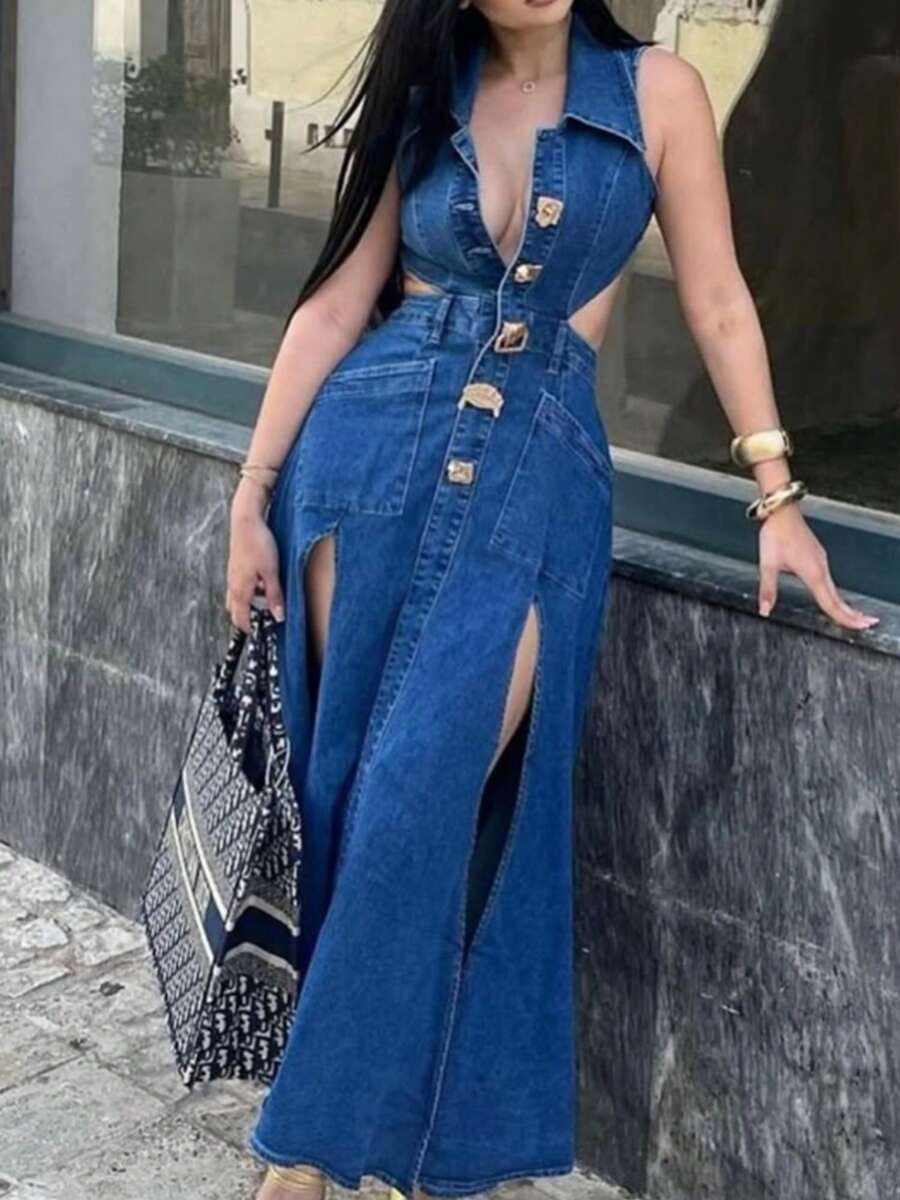 Women's Fashionable Sleeveless Denim Dress With Hollow Waist, Slit Skirt Design, Mid-Length Skirt With Metal Buckle Decoration - 藍色 - 查看 1