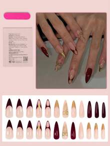 1 Bộ (24 miếng) Miếng dán móng tay hình hạnh nhân dài kiểu Pháp, thiết kế đầu móng màu đỏ và vàng, trang trí nơ 3D và ngọc trai giả hình ngôi sao, phong cách cổ điển, độ bóng cao, che phủ toàn bộ, phù hợp cho phụ nữ và bé gái sử dụng hàng ngày, phụ kiện trang trí móng tay ngày Valentine. - Nhiều màu - Xem 2