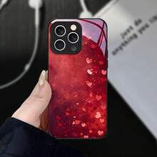 Funda de Teléfono de Vidrio Negro Versátil y Duradera de Alta Gama Adecuada para iPhone 17 17air 16e 16 15 14 13 12 11 5G Plus Pro ProMax Patrón de Corazón Serie Acuarela Roja Romántica - Colores mixtos - Ver 1