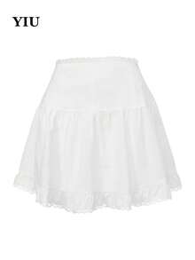 Chân váy ngắn xòe màu trắng YIU dành cho nữ, chất liệu polyester gợi cảm, không co giãn, viền bèo nhún, trang trí bằng bèo nhún và ren tương phản, hàng mới về mùa xuân/hè, phù hợp cho mặc hàng ngày và hẹn hò. - trắng - Xem 3