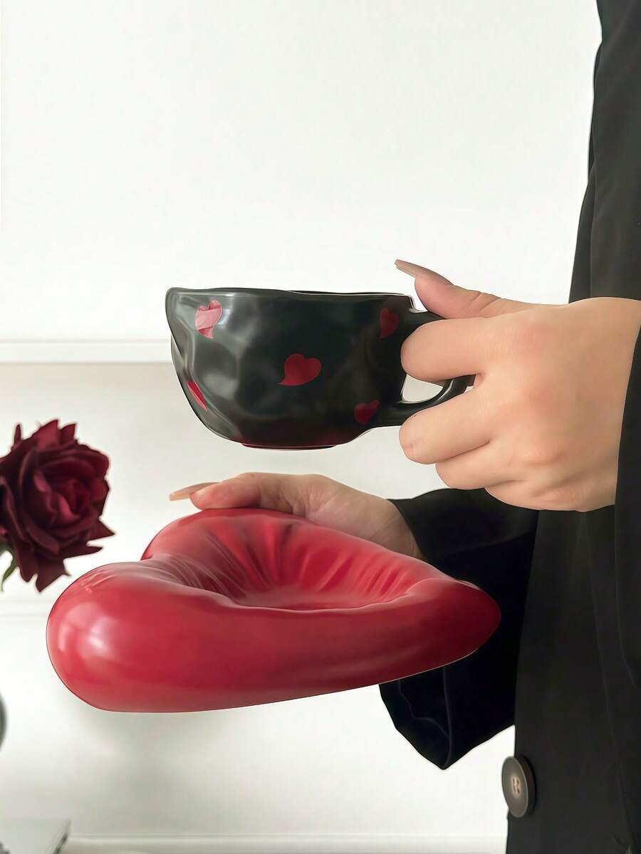 1pc Vintage High-Quality Red Heart Ceramic Cup & Saucer Set, Stylish Milk/Coffee Ceramic Cup & Saucer - Multicolor - View 1