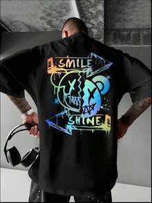 Men's Oversized Streetwear T-Shirt With Smile Design, Cotton - màu đen - Xem 2