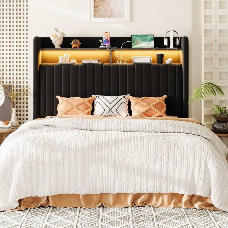 Allewie Full/Queen/King Size Lift Up Hydraulic Storage Bed Frame, 2-Tier Shelf Headboard With LED Lights And Charging Station, USB And Type C Ports, Wingback Velvet Headboard, No Box Spring Needed, Black - 黑色 - 查看 7