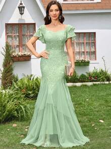 Đầm maxi dáng đuôi cá cổ thuyền đính sequin, ren hoa phối lưới tương phản, tay bồng, kiểu dáng thanh lịch dành cho nữ, thích hợp cho khách dự đám cưới, lễ tốt nghiệp, tiệc gala và các dịp trang trọng khác. - Màu xanh Bạc hà - Xem 4