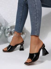 Square Toe High Heel Fashion Slippers For Women, European & American Style Crystal Heel Elegant Fabric Upper Open Toe Sandals - Black - View 3