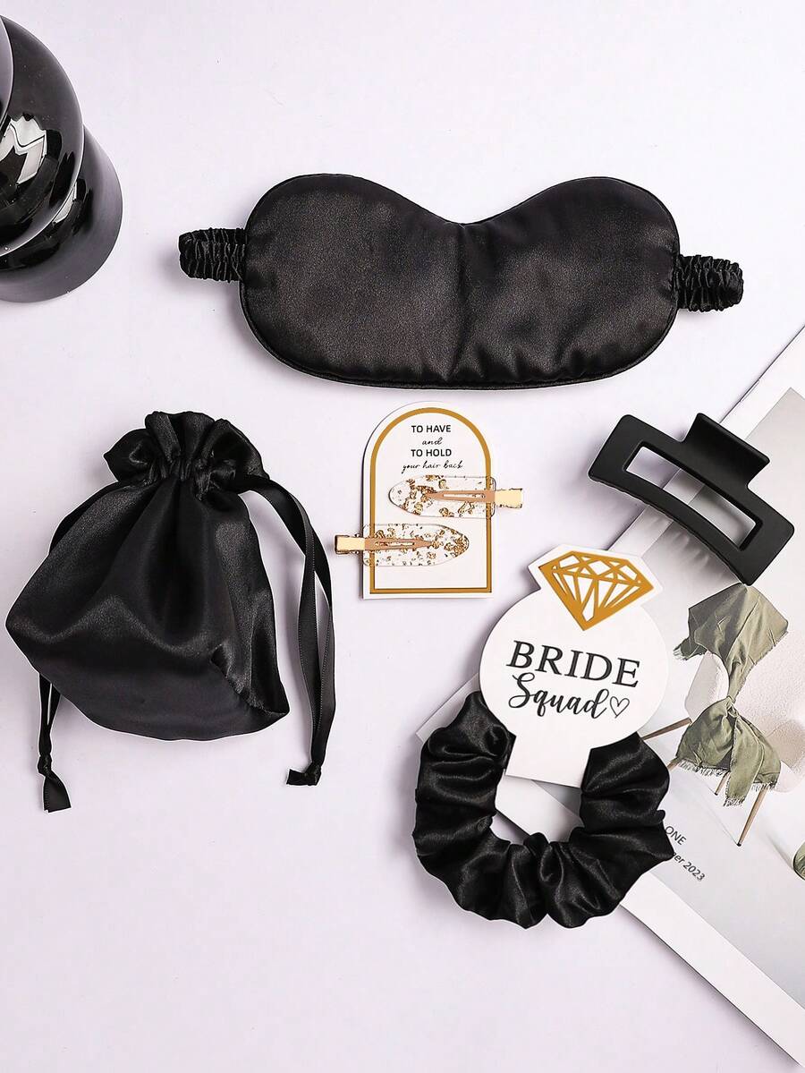 5件套婚礼伴娘礼物套装，包含丝绸发圈、金箔发夹、眼罩、礼品袋、发爪夹套装，黑色多功能套装，适合婚礼伴娘礼物、马尾辫发圈、头饰、女士发饰。 - 彩色 - 查看 1