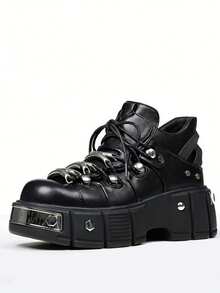 Women's Goth Platform Punk Ankle Boots Metal Deco Rivet Lace-Up Round Toe High Heel Sneakers Thick Soft Sole Bottom Street Rock Booties - 黑色 - 查看 2