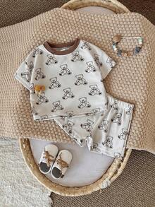 Set de 2 piezas Bebé niño oso impreso camiseta de manga corta de gofre + pantalones cortos, primavera/verano - Albaricoque - Ver 5