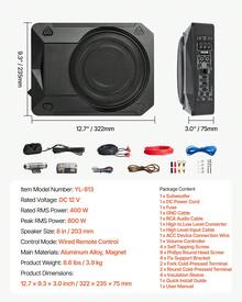 Subwoofer de coche de asiento inferior de 8 "800W, Subwoofers de coche de potencia delgada debajo del asiento, Sub amplificador de audio de bajo perfil incorporado, Controlador de entrada y volumen de alto / bajo nivel para SUV, coche, camión, RV - Negro - Ver 7