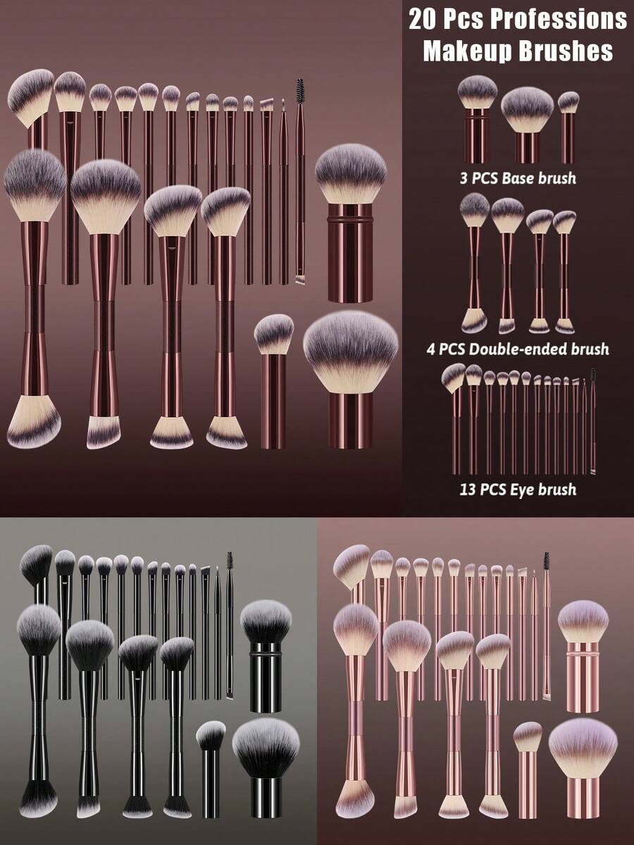 20pcs Dual-Ended Makeup Brushes, Multi-Functional Blush, Powder, Foundation, Highlighter, 2-In-1 Brushes For Liquid, Cream And Powder Makeup Application, Blending And Polishing - Multicolor - View 1